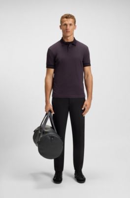 Polo Slim en coton avec bas de manches &agrave; rayures, Lilas