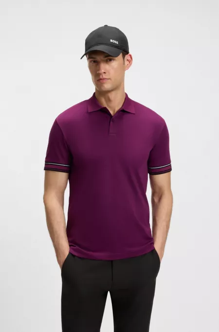 Stripe-cuff polo shirt in interlock cotton