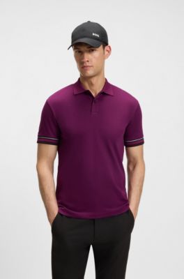 Stripe-cuff polo shirt in interlock cotton, Pink