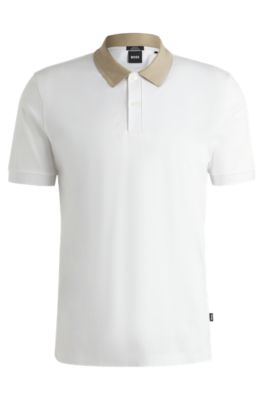 Polo slim fit de algod&oacute;n mercerizado con cuello en contraste, Blanco