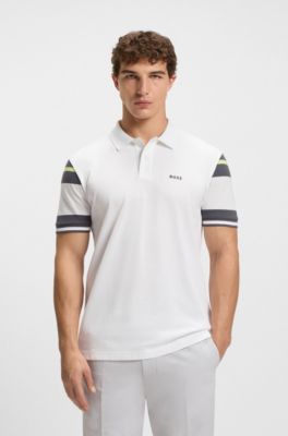 Polo en piqu&eacute; de coton &agrave; rayures larges, Blanc
