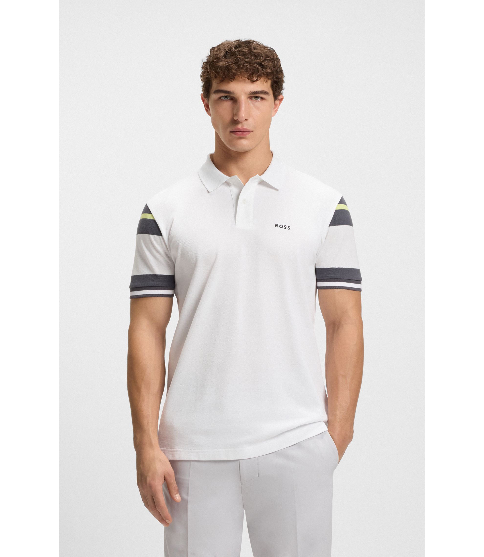 BOSS Block-stripe polo shirt in cotton piqué White