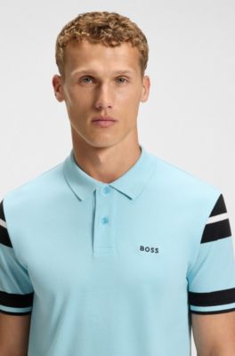 Block-stripe polo shirt in cotton piqu&eacute;, Light Blue