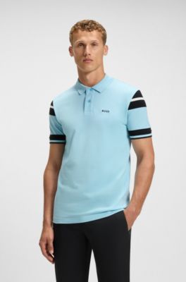 Block-stripe polo shirt in cotton piqu&eacute;, Light Blue