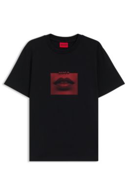 Camiseta de punto de algod&oacute;n con ilustraci&oacute;n de labios, Negro