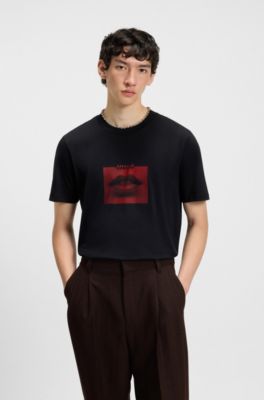 Camiseta de punto de algod&oacute;n con ilustraci&oacute;n de labios, Negro
