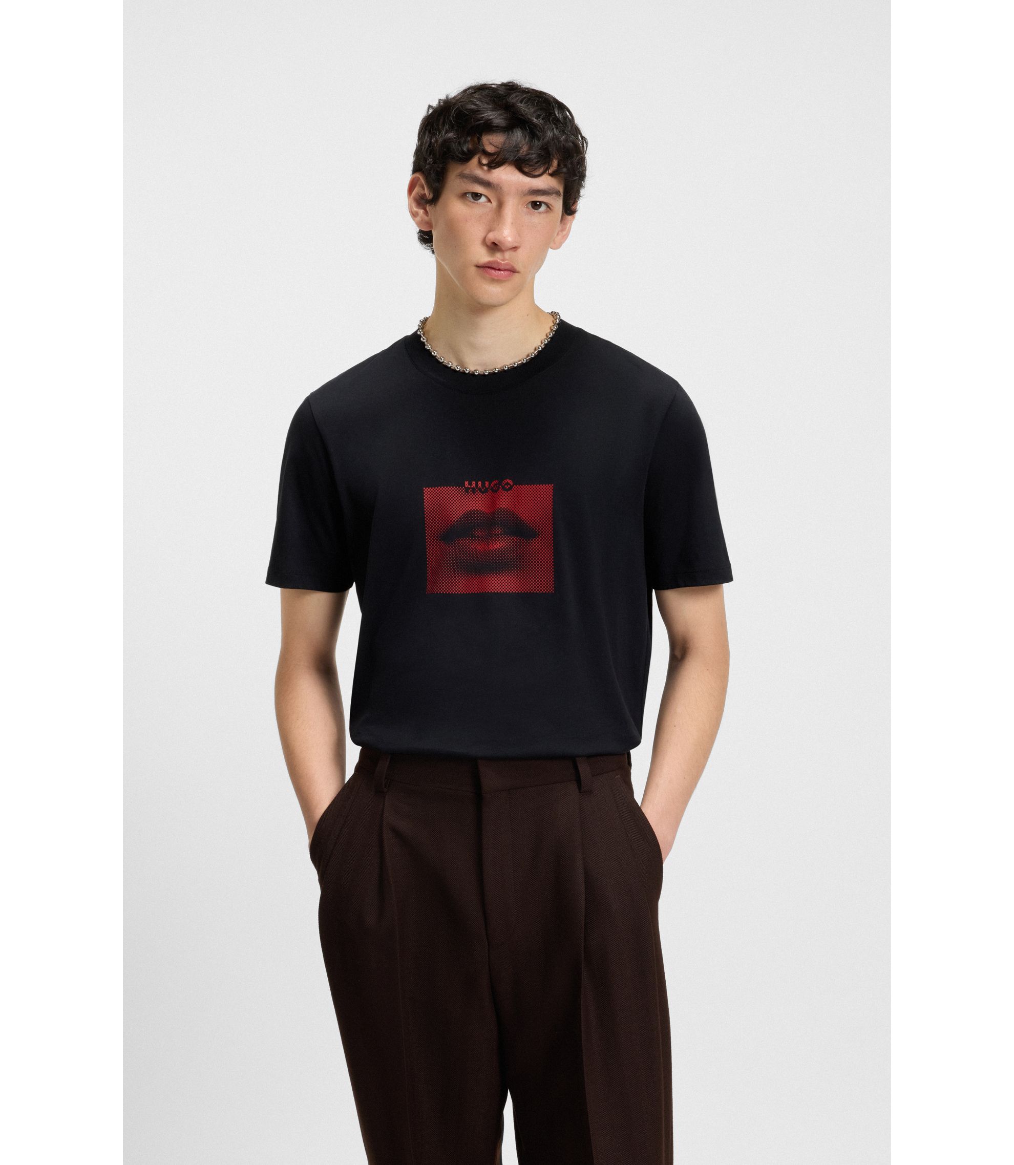 HUGO - Cotton-jersey T-shirt with lip artwork - Black