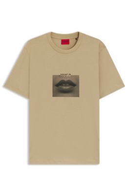 Camiseta de punto de algod&oacute;n con ilustraci&oacute;n de labios, Beige