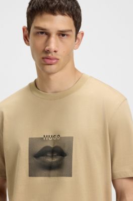 Lip-artwork T-shirt in cotton jersey, Beige