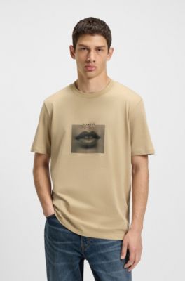 Camiseta de punto de algod&oacute;n con ilustraci&oacute;n de labios, Beige