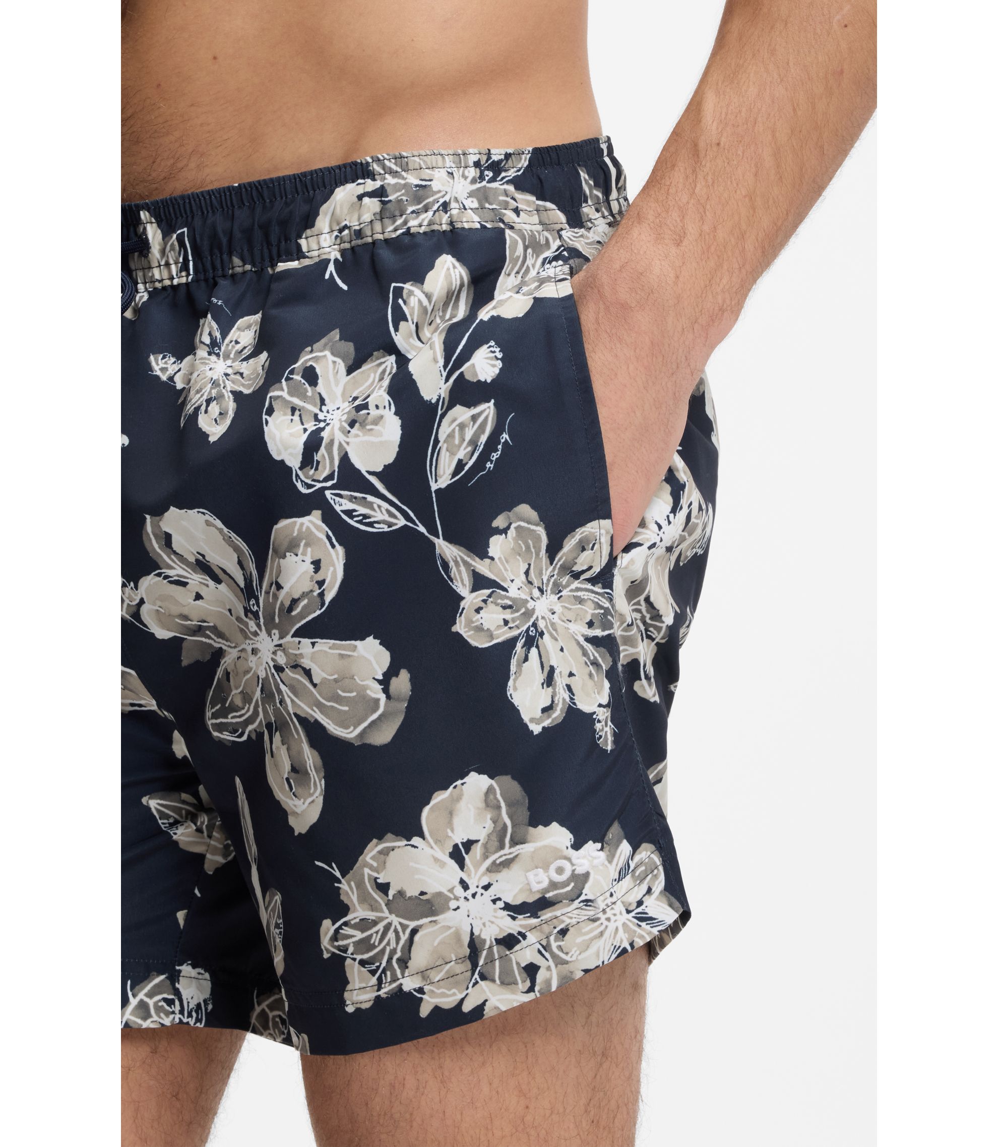BOSS - Quick-dry swim shorts with all-over print - Dark Blue