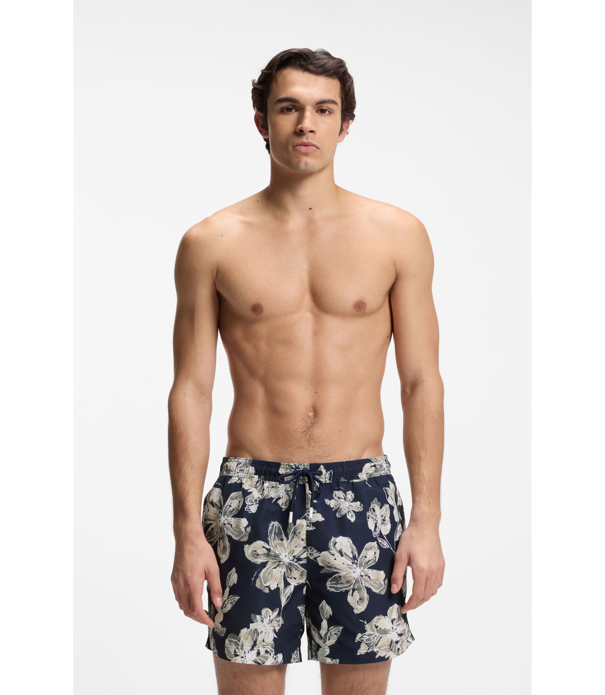 BOSS - Quick-dry swim shorts with all-over print - Dark Blue