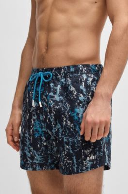 Quick-dry swim shorts with all-over print, Turquoise