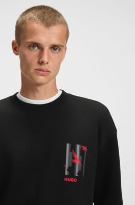 Sudadera de felpa de algod&oacute;n con ilustraci&oacute;n de ave, Negro