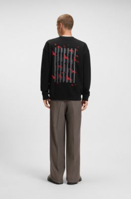 Sudadera de felpa de algod&oacute;n con ilustraci&oacute;n de ave, Negro