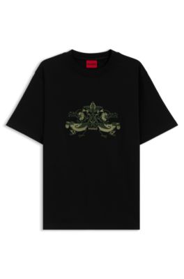 Embroidered-artwork T-shirt in cotton jersey, Black