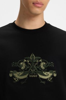 Camiseta de punto de algod&oacute;n con ilustraci&oacute;n bordada, Negro