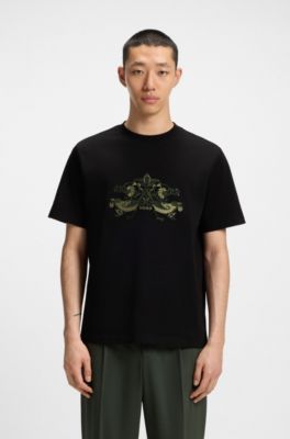 Camiseta de punto de algod&oacute;n con ilustraci&oacute;n bordada, Negro