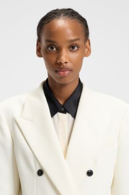 Blazer cruzado relaxed fit en sarga el&aacute;stica, Blanco