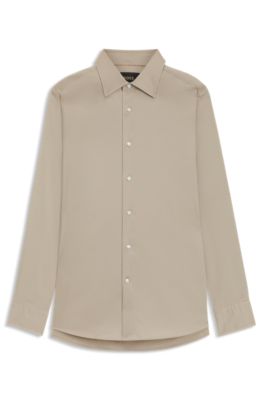 Camisa slim fit en popel&iacute;n de algod&oacute;n italiano, Caqui