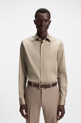 Camisa slim fit en popel&iacute;n de algod&oacute;n italiano, Caqui