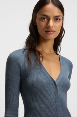 Concealed-closure cardigan in virgin wool, Light Blue
