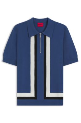 Stripe-detail knit sweater with zip neck, Blue