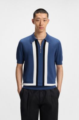 Jersey de punto con cremallera en el cuello y detalles de rayas, Azul