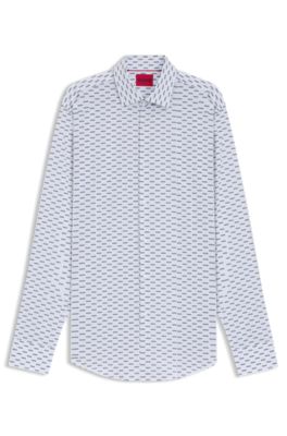Printed slim-fit shirt in cotton poplin, White