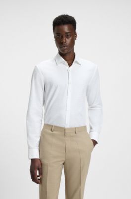 Camisa slim fit de algod&oacute;n con logos en jacquard, Blanco