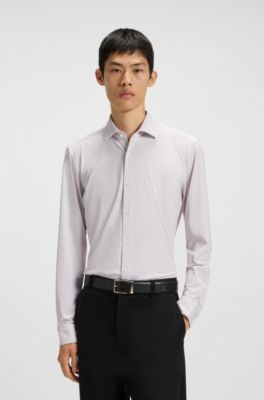 Camisa slim fit en punto t&eacute;cnico el&aacute;stico estampado, Beige