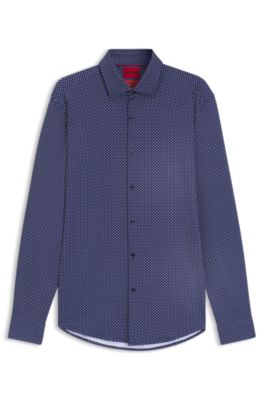 Printed slim-fit shirt in performance-stretch jersey, Dark Blue