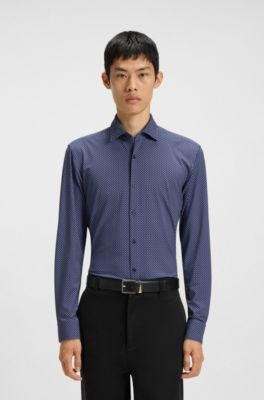 Printed slim-fit shirt in performance-stretch jersey, Dark Blue