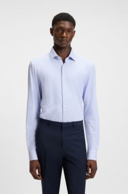 Printed slim-fit shirt in performance-stretch jersey, Light Blue