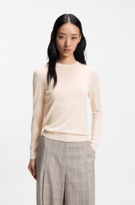 Jersey slim fit de cuello redondo en lana merina, Blanco