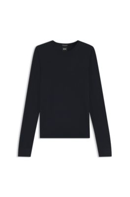 Slim-fit crewneck sweater in merino wool, Dark Blue