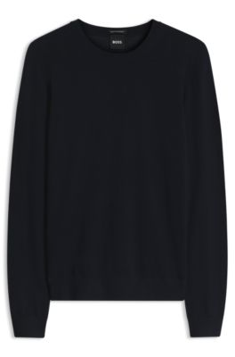 Jersey slim fit de cuello redondo en lana merina, Azul oscuro