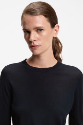 Slim-fit crewneck sweater in merino wool, Dark Blue