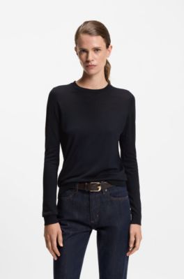 Slim-fit crewneck sweater in merino wool, Dark Blue