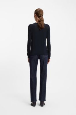 Slim-fit crewneck sweater in merino wool, Dark Blue