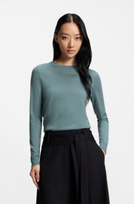 Jersey slim fit de cuello redondo en lana merina, Azul