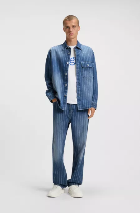 Blue baggy-fit jeans in striped denim