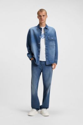 Jean Baggy en denim bleu &agrave; rayures tennis, Bleu