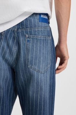 Jean Baggy en denim bleu &agrave; rayures tennis, Bleu