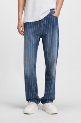 Jean Baggy en denim bleu &agrave; rayures tennis, Bleu