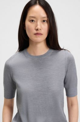 Jersey de manga corta en lana merina, Gris claro