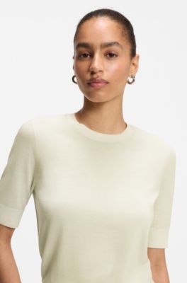 Jersey de manga corta en lana merina, Beige claro