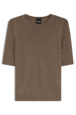 Slim-fit short-sleeved sweater in superfine Merino wool, Brown