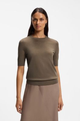Jersey slim fit de manga corta en lana merina superfina, Marr&oacute;n