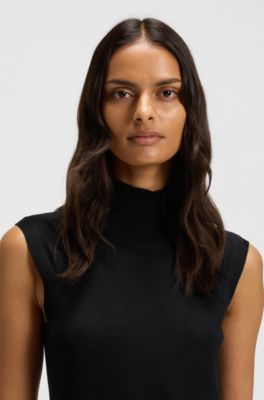 Sleeveless mock-neck sweater in merino wool, Black